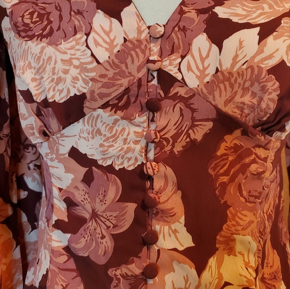 GLAMOROUS ASOS Pink Taupe Floral Print Rose Puff Sleeves Blouse 2 - Picture 6 of 7